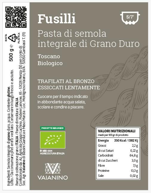 FUSILLI Organic Tuscan durum wheat wholemeal semolina pasta