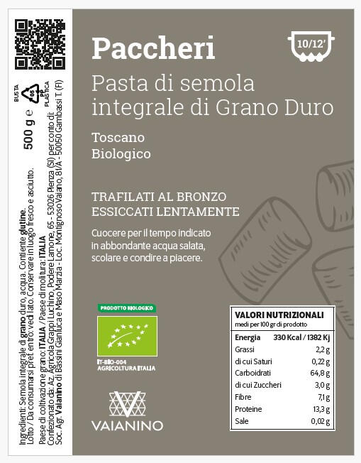 PACCHERI Organic Tuscan durum wheat wholemeal semolina pasta